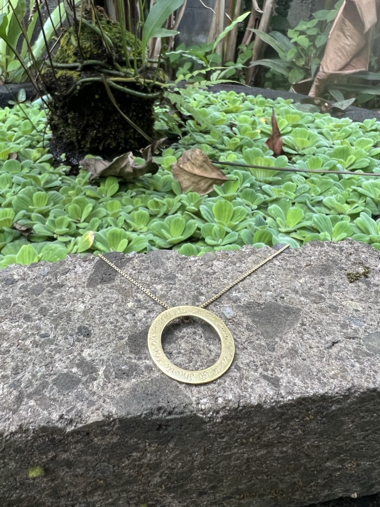 The necklace on a stone ledge in a water garden